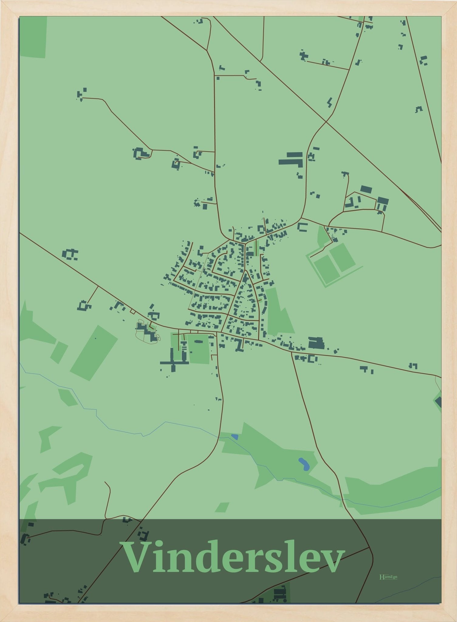 Vinderslev plakat i farve pastel grøn og HjemEgn.dk design firkantet. Design bykort for Vinderslev