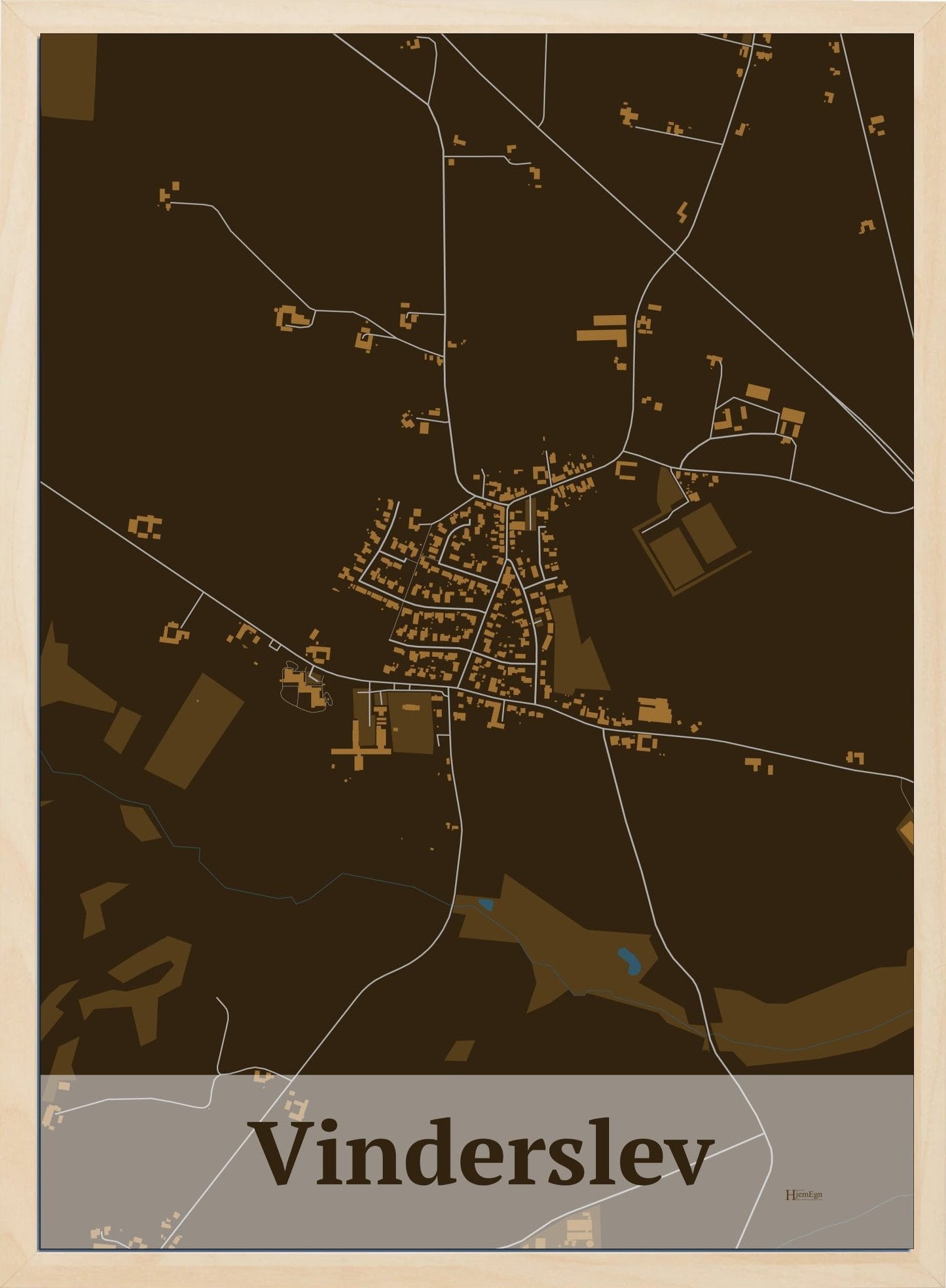 Vinderslev plakat i farve mørk brun og HjemEgn.dk design firkantet. Design bykort for Vinderslev