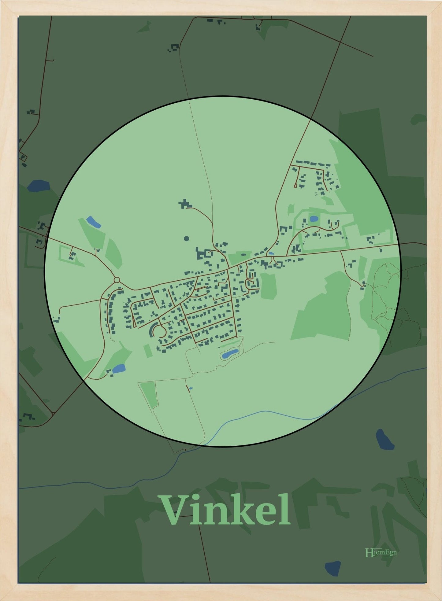 Vinkel plakat i farve pastel grøn og HjemEgn.dk design centrum. Design bykort for Vinkel