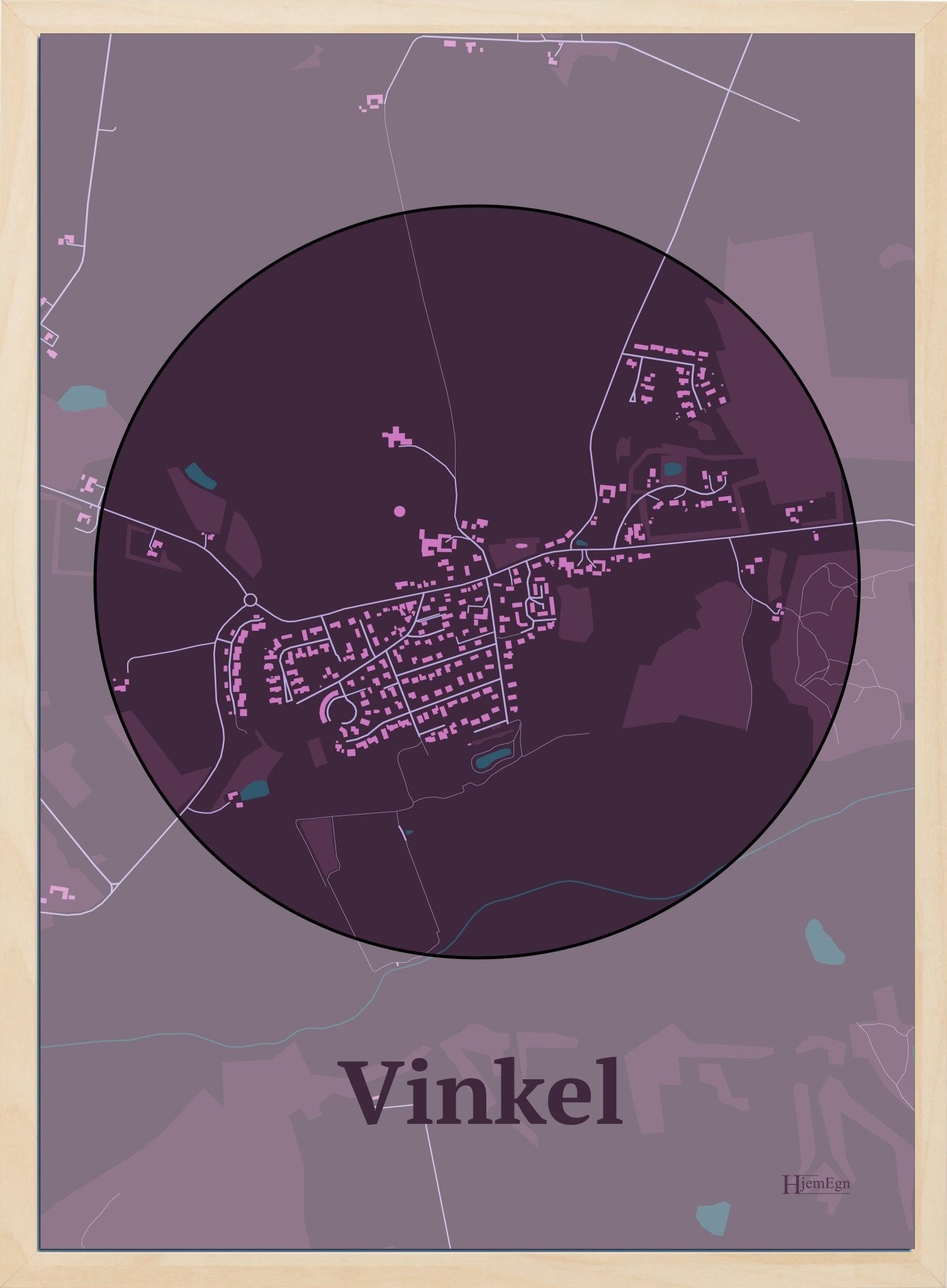 Vinkel plakat i farve mørk rød og HjemEgn.dk design centrum. Design bykort for Vinkel