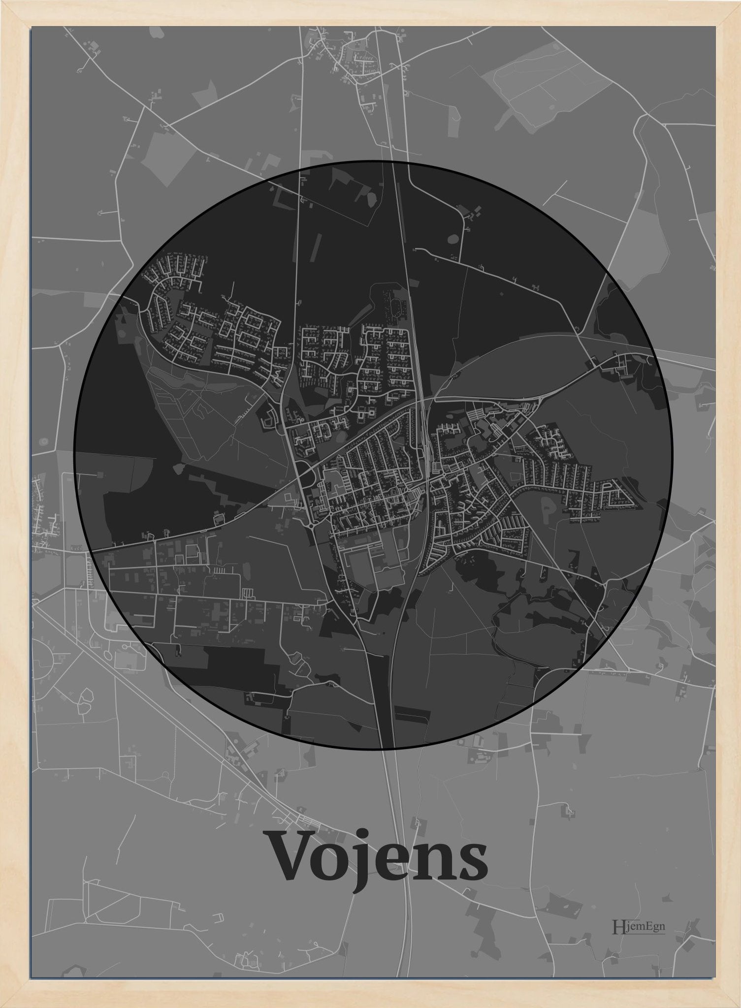 Vojens plakat i farve mørk grå og HjemEgn.dk design centrum. Design bykort for Vojens