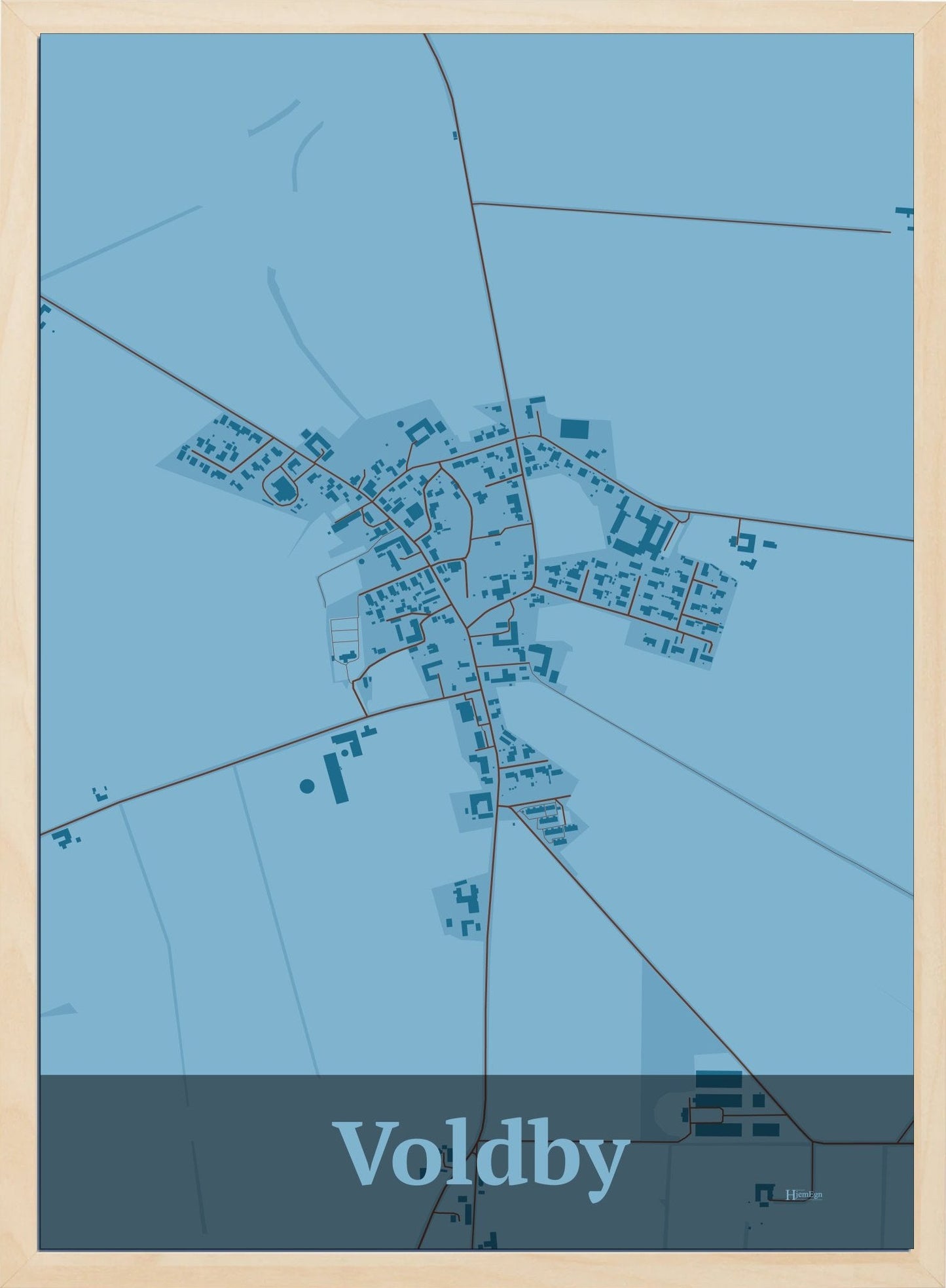 Voldby plakat i farve pastel blå og HjemEgn.dk design firkantet. Design bykort for Voldby