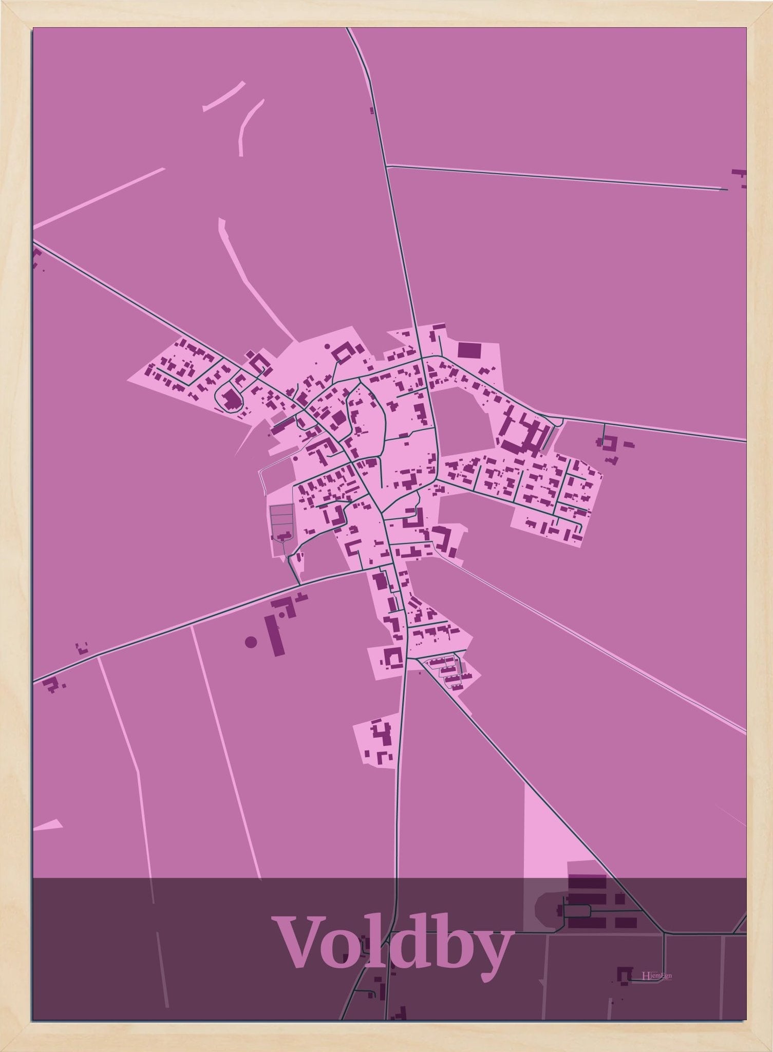 Voldby plakat i farve pastel rød og HjemEgn.dk design firkantet. Design bykort for Voldby