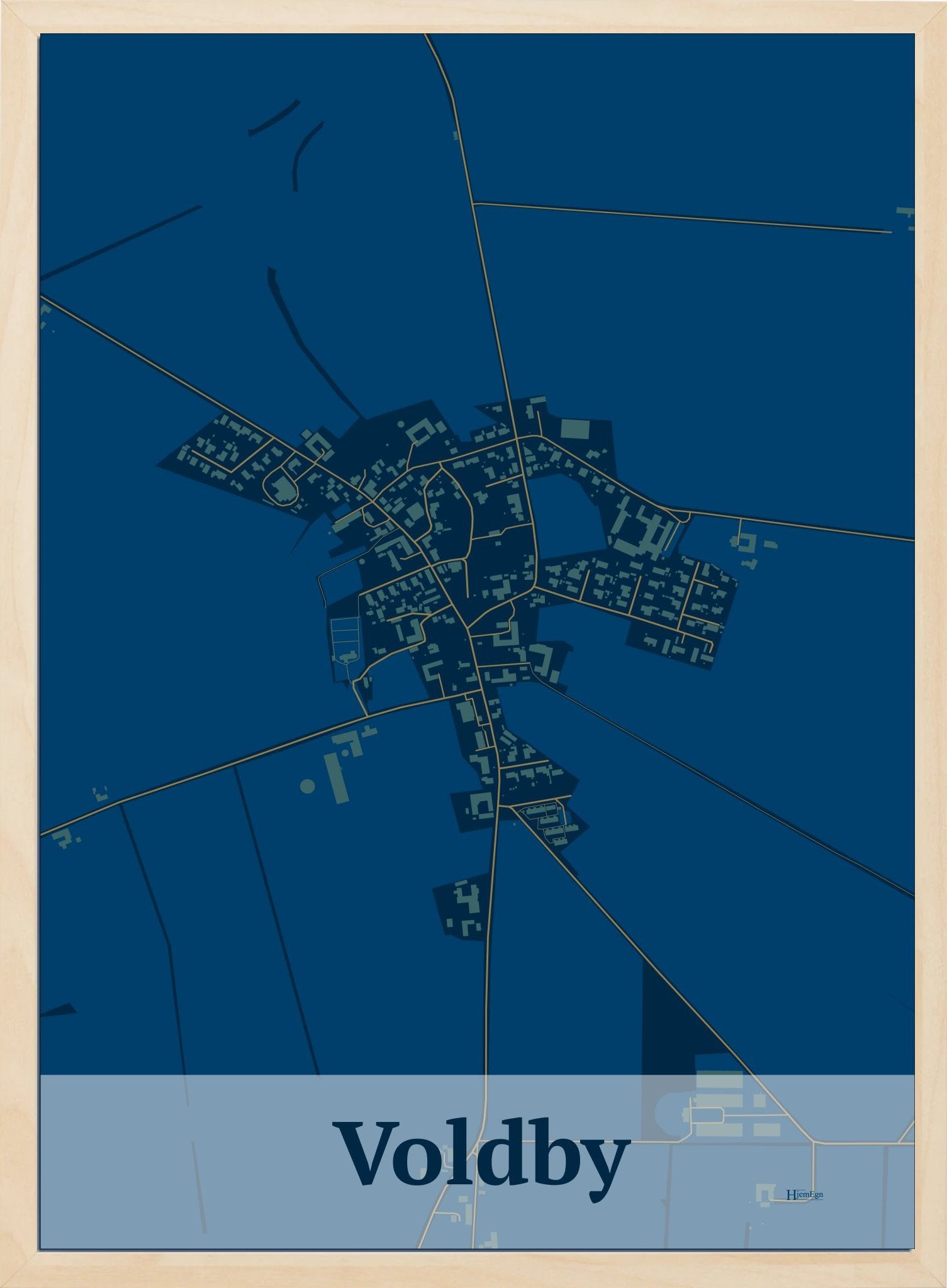Voldby plakat i farve mørk blå og HjemEgn.dk design firkantet. Design bykort for Voldby