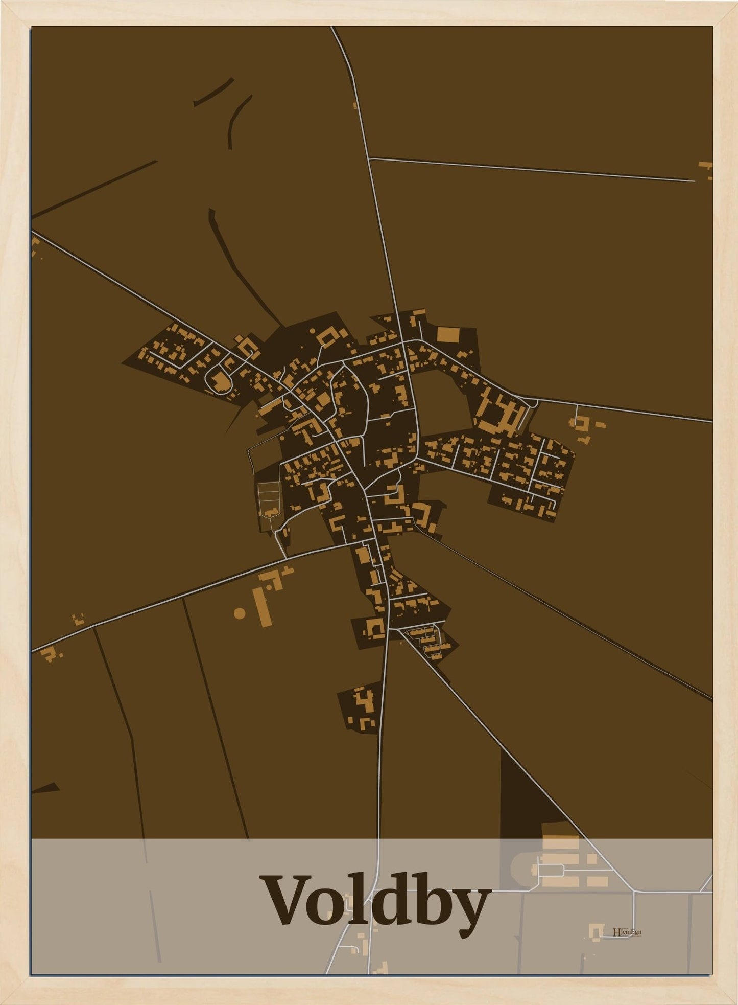 Voldby plakat i farve mørk brun og HjemEgn.dk design firkantet. Design bykort for Voldby