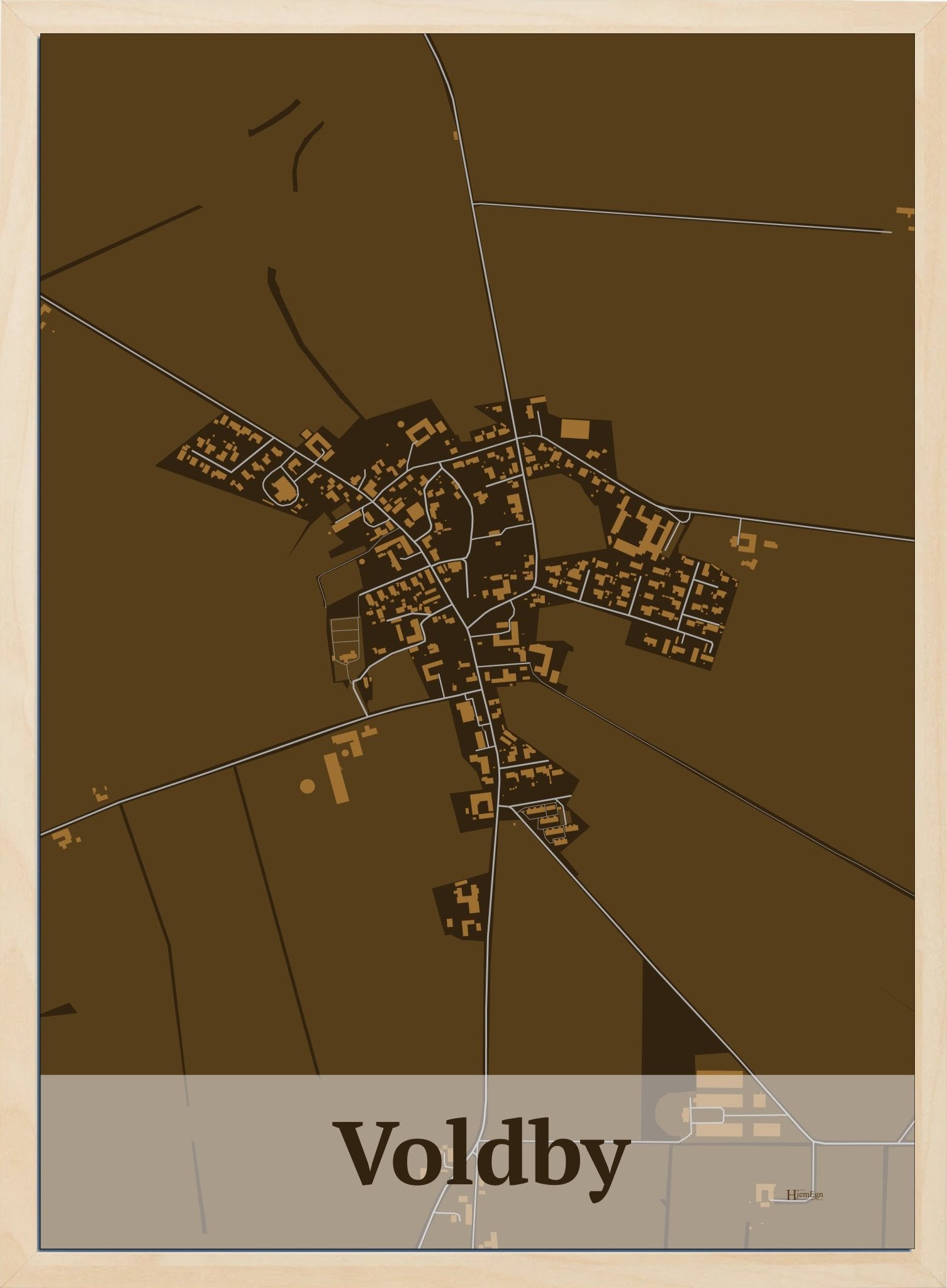 Voldby plakat i farve mørk brun og HjemEgn.dk design firkantet. Design bykort for Voldby