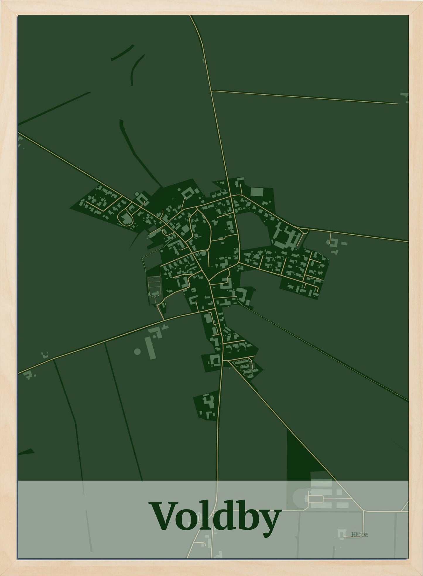 Voldby plakat i farve mørk grøn og HjemEgn.dk design firkantet. Design bykort for Voldby
