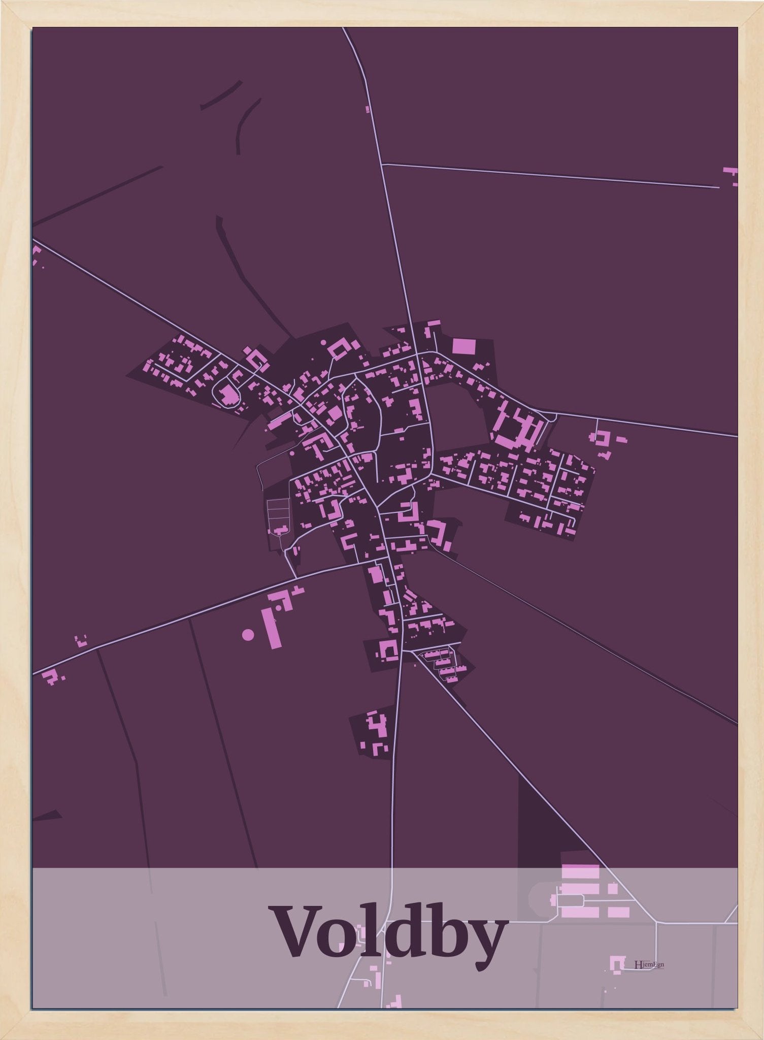 Voldby plakat i farve mørk rød og HjemEgn.dk design firkantet. Design bykort for Voldby