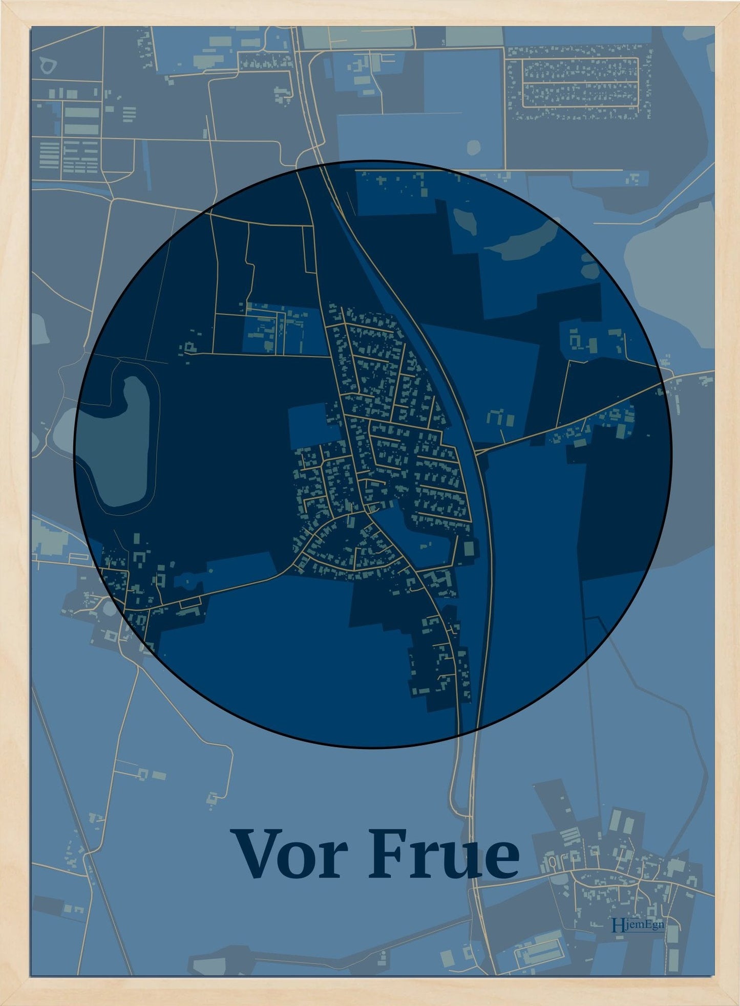 Vor Frue plakat i farve mørk blå og HjemEgn.dk design centrum. Design bykort for Vor Frue